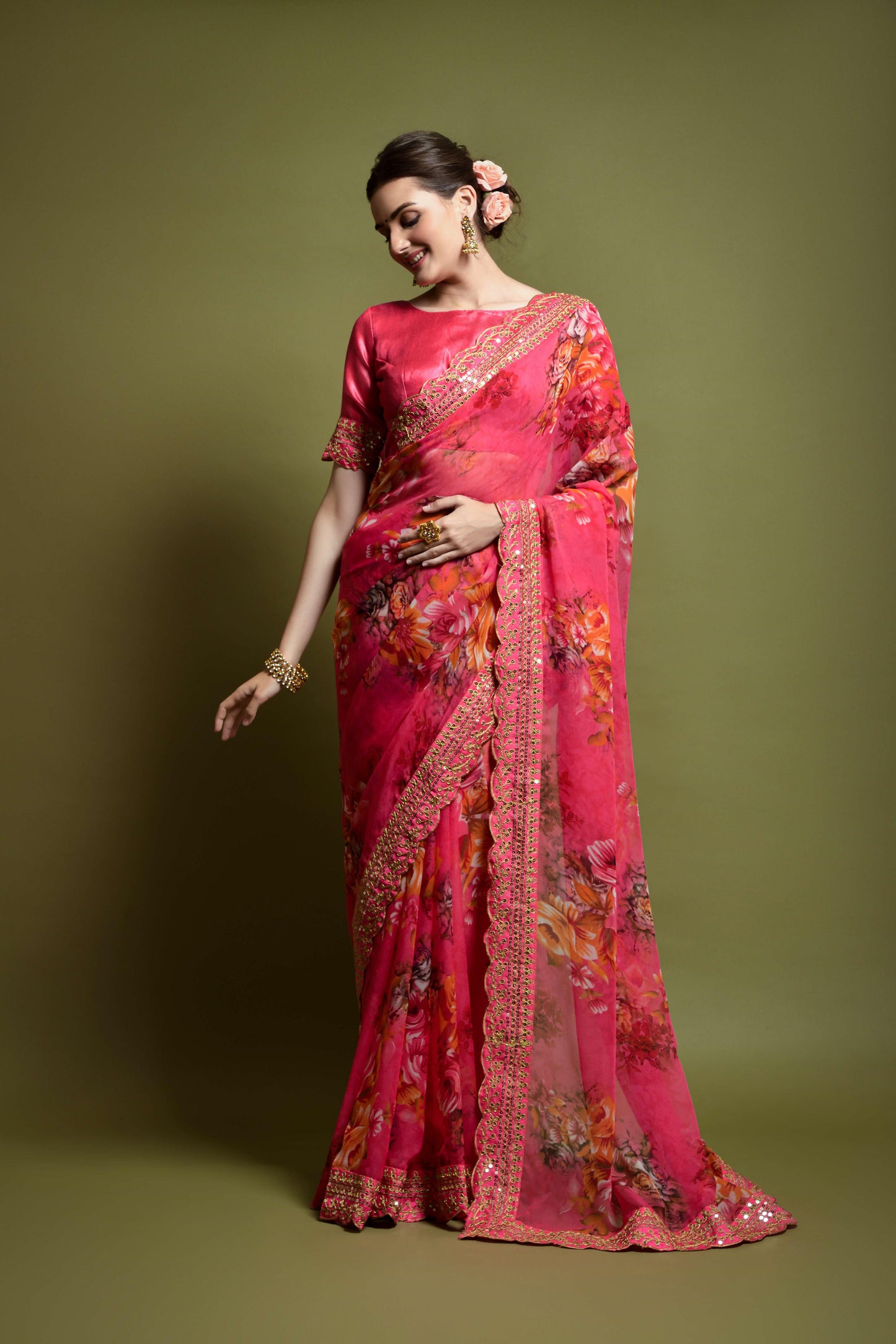 Floral Print Saree with Scalloped Border