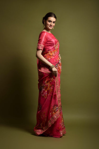 Floral Print Saree with Scalloped Border